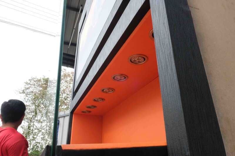 Jewelry display case, glass showcase, 2-tier display case, black wooden frame, 2 open doors, 1 glass drawer.