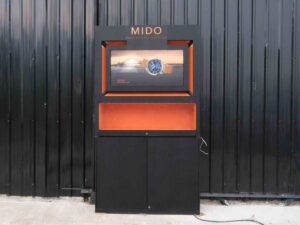 Jewelry display case, glass showcase, 2-tier display case, black wooden frame, 2 open doors, 1 glass drawer.