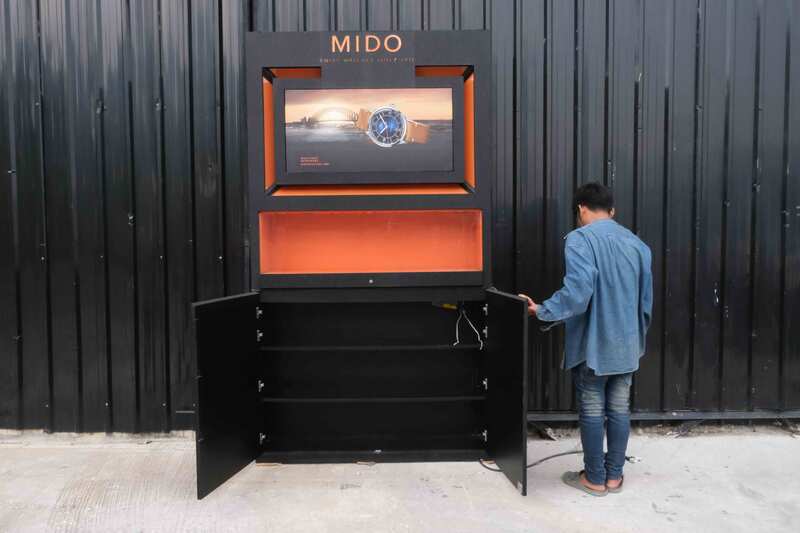 Jewelry display case, glass showcase, 2-tier display case, black wooden frame, 2 open doors, 1 glass drawer.