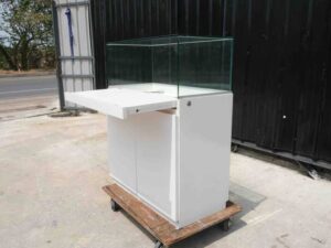 Jewelry display cabinet, glass showcase, glass product display cabinet, wooden frame, black-orange, 2 doors open.