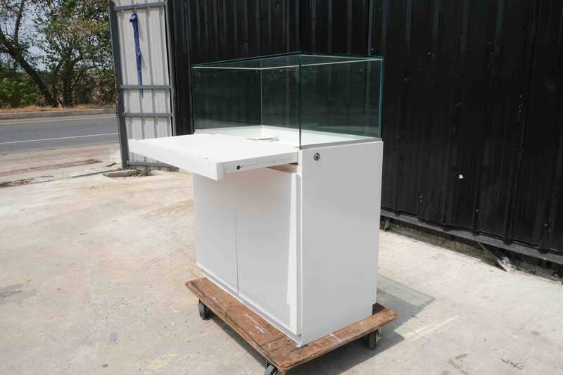 Jewelry display cabinet, glass showcase, glass product display cabinet, wooden frame, black-orange, 2 doors open.