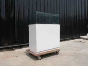 Jewelry display cabinet, glass showcase, glass product display cabinet, wooden frame, black-orange, 2 doors open.