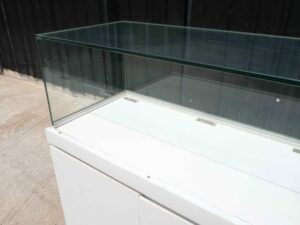 Jewelry display cabinet, glass showcase, glass product display cabinet, wooden frame, black-orange, 2 doors open.