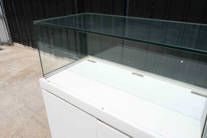 Jewelry display cabinet, glass showcase, glass product display cabinet, wooden frame, black-orange, 2 doors open.