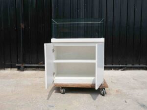 Jewelry display cabinet, glass showcase, glass product display cabinet, wooden frame, black-orange, 2 doors open.
