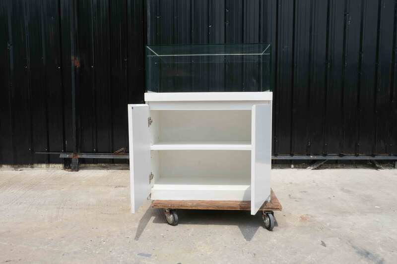 Jewelry display cabinet, glass showcase, glass product display cabinet, wooden frame, black-orange, 2 doors open.