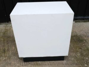 White wooden frame shelving unit with plastic shelves, 15 compartments.