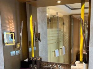 Bathroom counter lamp Glass front lamp, steel frame, wall mounted
