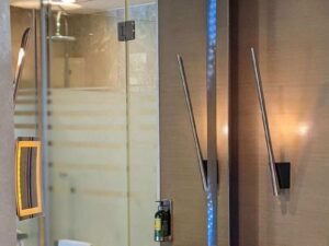 Bathroom counter lamp Glass front lamp, steel frame, wall mounted