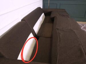 L sofa, 3 seats, wooden frame, steel legs, brown, brand Dry Clean Only.