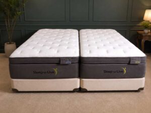 Mattress with base, 6 feet, 14 inches thick, gray, Sleep to Live brand.