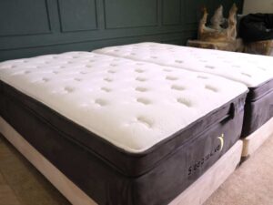 Mattress with base, 6 feet, 14 inches thick, gray, Sleep to Live brand.