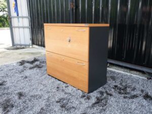 Filing cabinet, 2 drawers, wooden frame, gray color, wooden top, Logica brand.