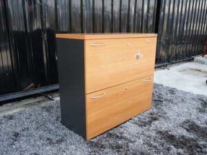 Filing cabinet, 2 drawers, wooden frame, gray color, wooden top, Logica brand.