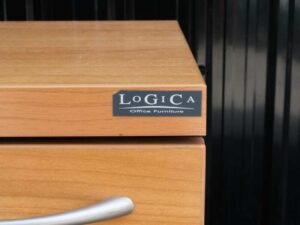 Filing cabinet, 2 drawers, wooden frame, gray color, wooden top, Logica brand.