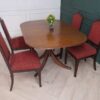 Foldable mahogany table set with 4 chairs, red fabric cushion, imported from Europe.