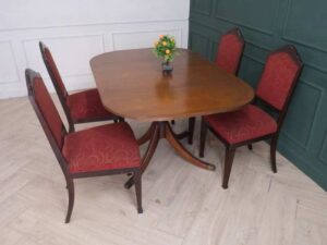 Foldable mahogany table set with 4 chairs, red fabric cushion, imported from Europe.