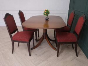 Foldable mahogany table set with 4 chairs, red fabric cushion, imported from Europe.