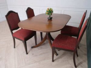 Foldable mahogany table set with 4 chairs, red fabric cushion, imported from Europe.