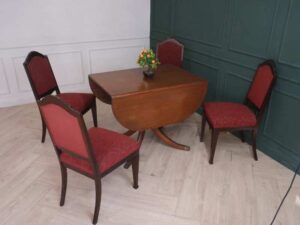 Foldable mahogany table set with 4 chairs, red fabric cushion, imported from Europe.