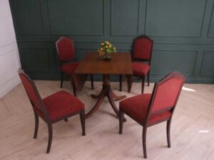 Foldable mahogany table set with 4 chairs, red fabric cushion, imported from Europe.