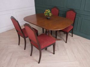 Foldable mahogany table set with 4 chairs, red fabric cushion, imported from Europe.