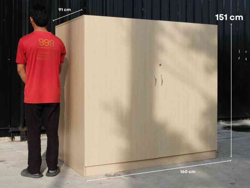 Multi-purpose wooden cabinet, large size, 2 doors, opening, cream color, wood pattern.