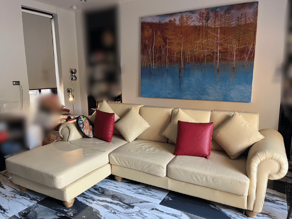 3-seat L-shaped corner sofa, wooden frame, leather cushion, cream color, with pillows