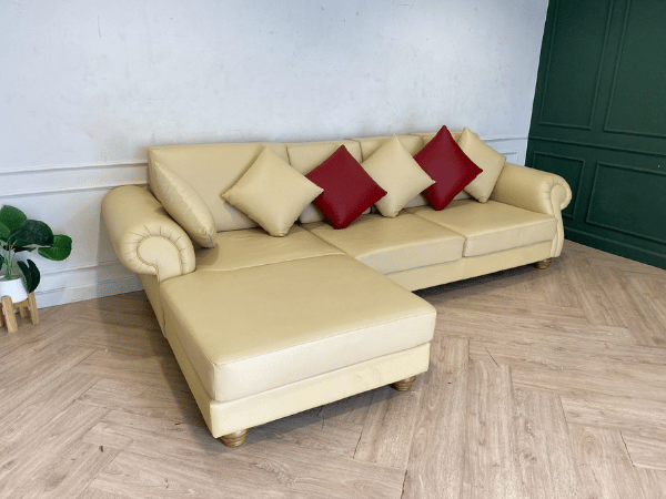 3-seat L-shaped corner sofa, wooden frame, leather cushion, cream color, with pillows