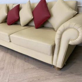 3-seat L-shaped corner sofa, wooden frame, leather cushion, cream color, with pillows