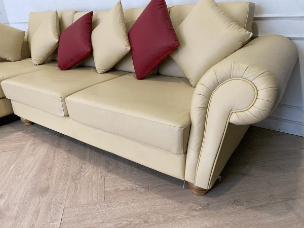 3-seat L-shaped corner sofa, wooden frame, leather cushion, cream color, with pillows