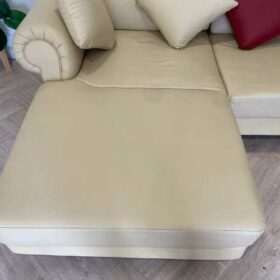 3-seat L-shaped corner sofa, wooden frame, leather cushion, cream color, with pillows