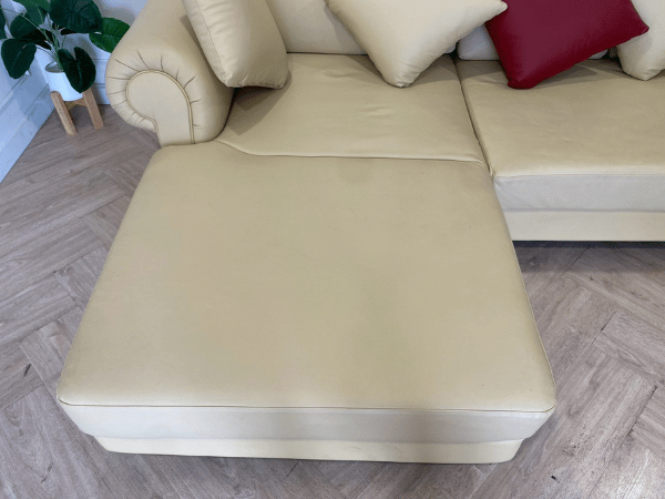 3-seat L-shaped corner sofa, wooden frame, leather cushion, cream color, with pillows