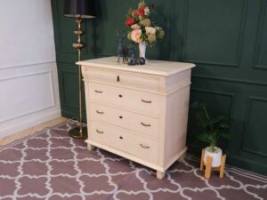 Storage cabinet with 4 drawers, wooden frame, cream color, European work from Germany.
