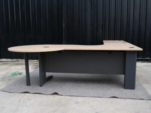 Executive desk set, 3 pieces connected together, steel legs, cream color, Rockworth brand.