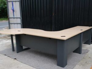 Executive desk set, 3 pieces connected together, steel legs, cream color, Rockworth brand.