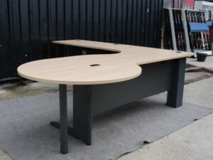 Executive desk set, 3 pieces connected together, steel legs, cream color, Rockworth brand.