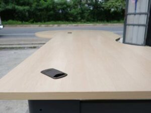 Executive desk set, 3 pieces connected together, steel legs, cream color, Rockworth brand.