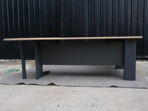 Executive desk set, 3 pieces connected together, steel legs, cream color, Rockworth brand.