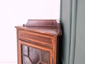 Mahogany corner display cabinet with 1 glass door.