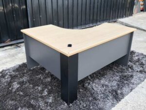 L-shaped work desk, wooden frame, maple color