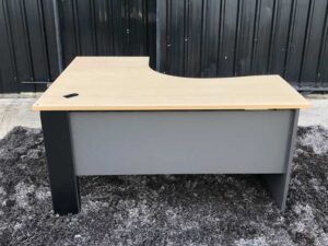L-shaped work desk, wooden frame, maple color