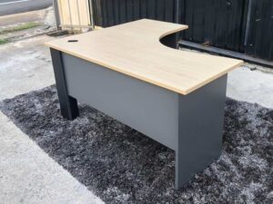 L-shaped work desk, wooden frame, maple color