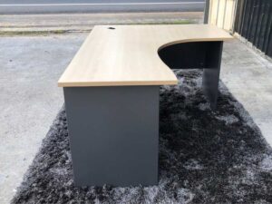 L-shaped work desk, wooden frame, maple color