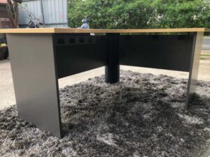 L-shaped work desk, wooden frame, maple color