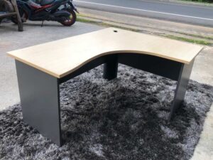 L-shaped work desk, wooden frame, maple color