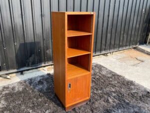 File cabinet wooden frame 2 open shelves 1 door with solid bottom opening