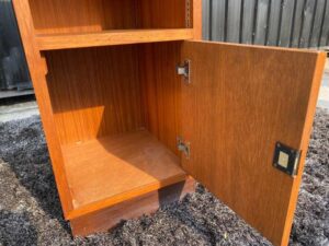 File cabinet wooden frame 2 open shelves 1 door with solid bottom opening