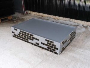 Product tray, blue-gray wooden frame Decorated with brown bricks