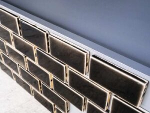 Product tray, blue-gray wooden frame Decorated with brown bricks